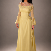 Yellow Pleated Belted Ruffled Sleeves Maxi Dress