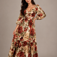 Stylish Elegant Printed V-Neck Flared Maxi Dress