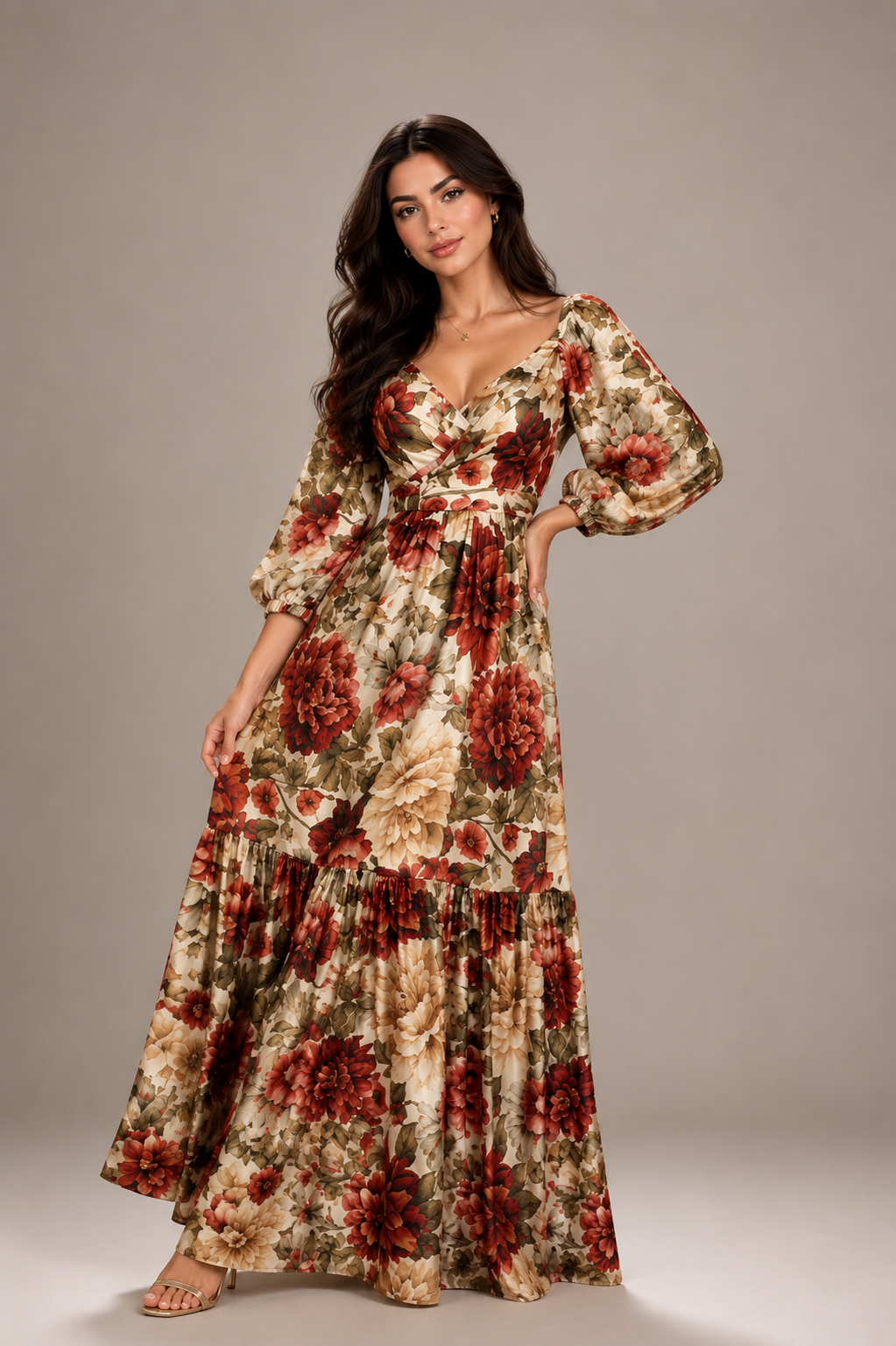 Stylish Elegant Printed V-Neck Flared Maxi Dress