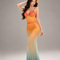 Ombre Sunset Tie-Dye Mesh Slip Maxi Dress