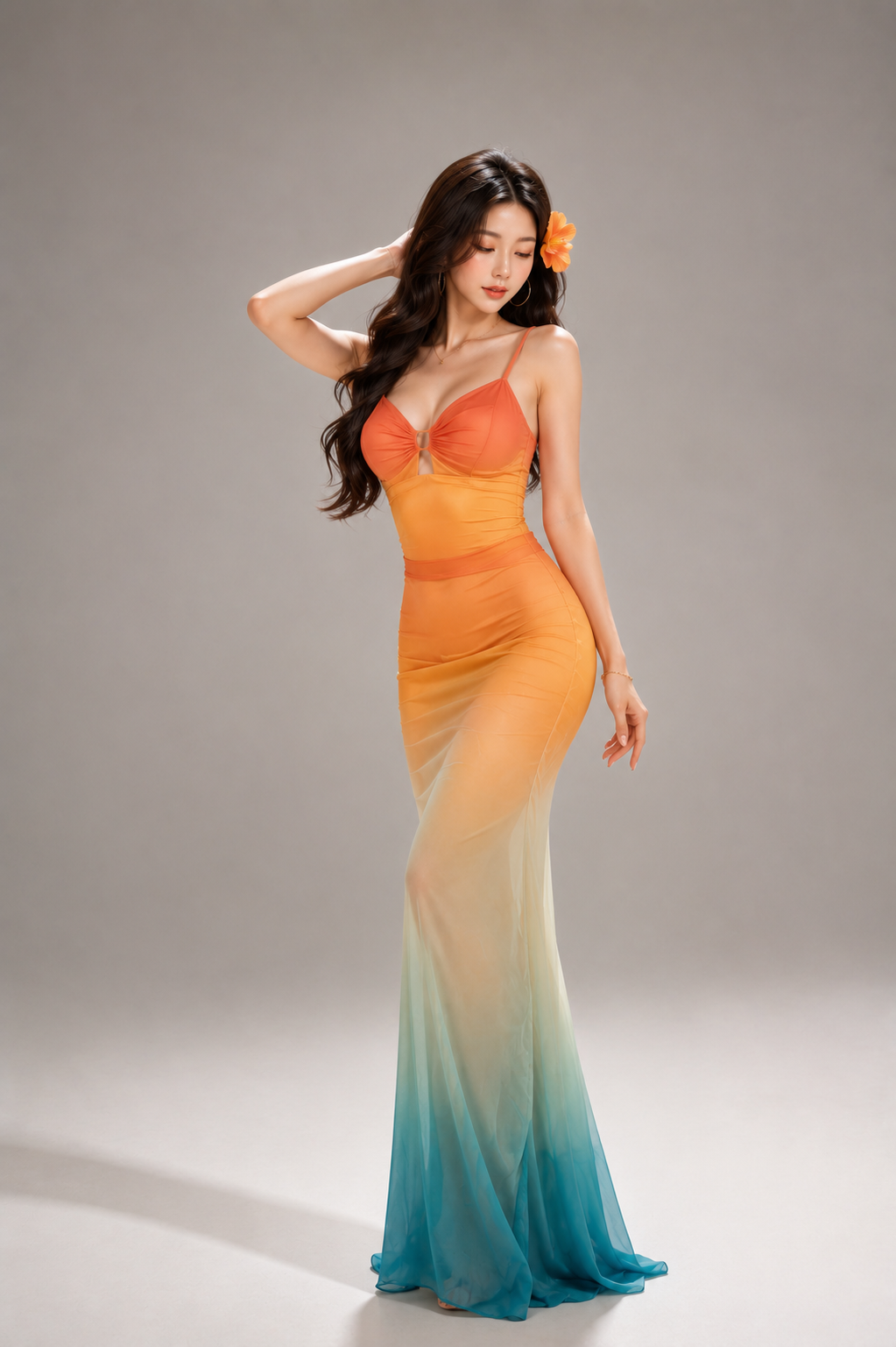Ombre Sunset Tie-Dye Mesh Slip Maxi Dress