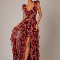 European American Fashion Floral Print U-neck Flying Sleeves High Waist Ruffles Long Dress