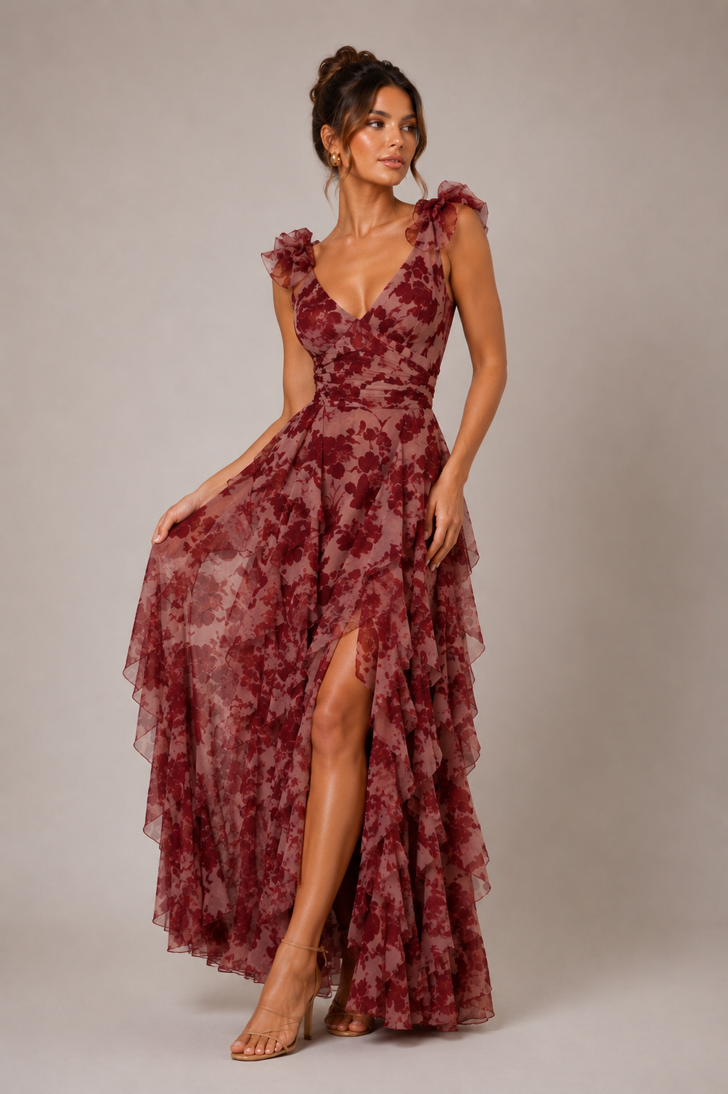 European American Fashion Floral Print U-neck Flying Sleeves High Waist Ruffles Long Dress