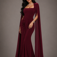 Elegant Burgundy Square - Neck Cape  Maxi Dress