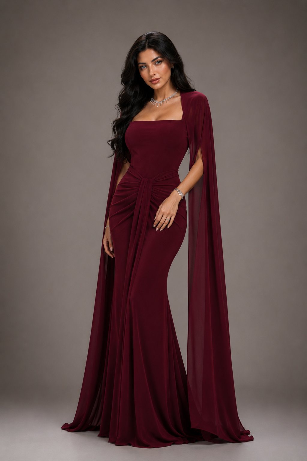Elegant Burgundy Square - Neck Cape  Maxi Dress