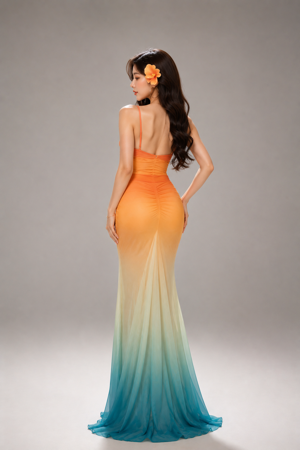 Ombre Sunset Tie-Dye Mesh Slip Maxi Dress