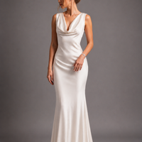 White Satin Draped Collar Backless Dress