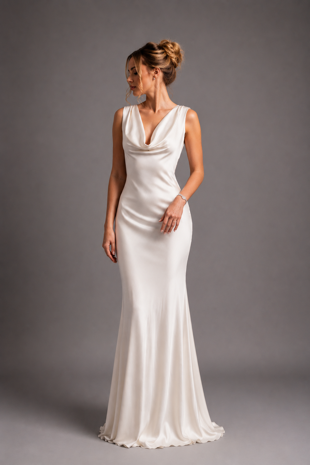 White Satin Draped Collar Backless Dress