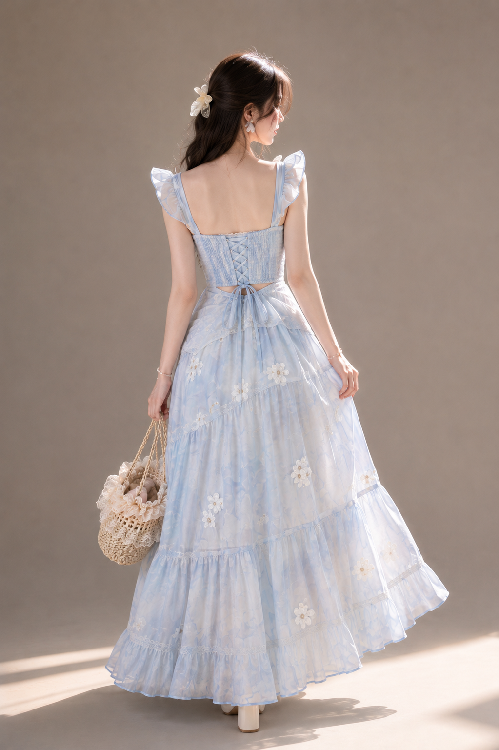 Backless Floral Maxi Dress With A Bow Tie Neckline