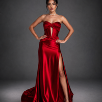 Tube Top Slit Red Extra Long Evening Dress