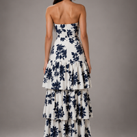 Strapless Printed Ruffle Maxi Dress
